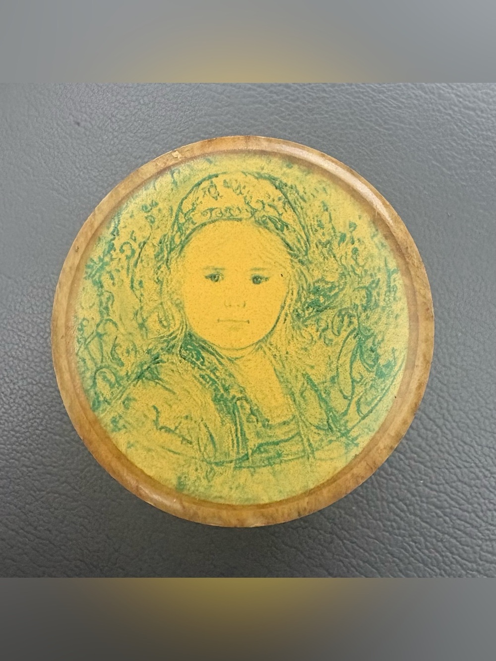 Edna Hibel Signed  Small Round Vintage Marble Trinket Box, Child Design